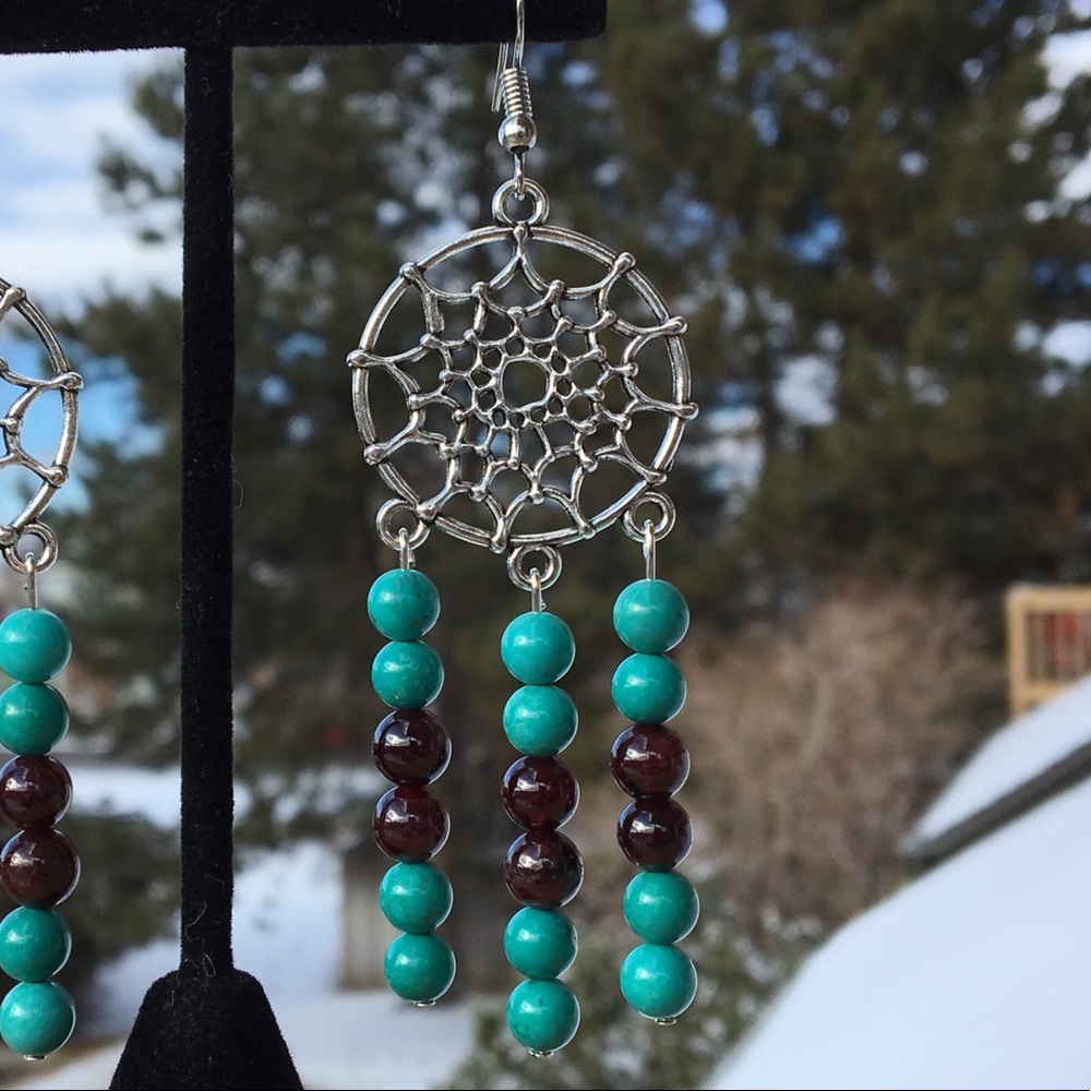 Turquoise Magnesite Garnet Dreamcatcher Earrings - Picture 7 of 8